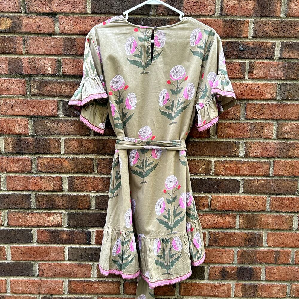 Pink Chicken Floral Tent Mini Dress Ruffle Embellishment Sash Belt Tie Lined XS - Picture 3 of 8